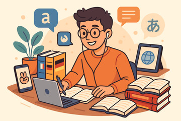 Multilingual Student Studying Foreign Languages with Books, Laptop, Digital Devices, Online Learning, Language Exchange, Education Concept, Modern Study Environment, Vector Cartoon Illustration