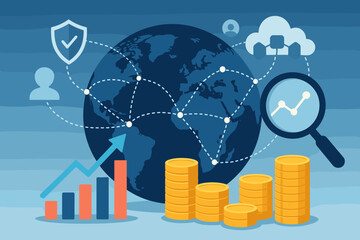 Global business network concept with financial growth chart, data analysis magnifier, and cloud technology security. International economy and investment strategy vector illustration.