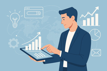 Businessman analyzing digital marketing strategy on tablet for business growth. SEO, data analytics, and financial report concept. Vector illustration with infographic elements.