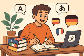 Young man learning multiple languages with books and laptop, language study, international communication, multilingual education, online language learning, cartoon vector illustration