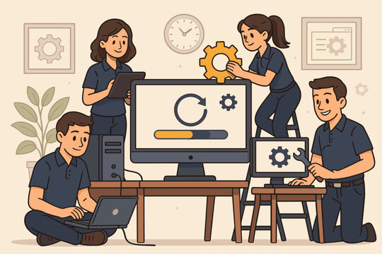 Technical support team working on IT system maintenance and software updates. Computer service engineers repairing and configuring hardware. Network administration and installation concept.