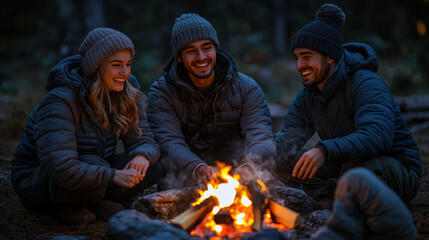 Three friends warming hands by a campfire in a forest at dusk