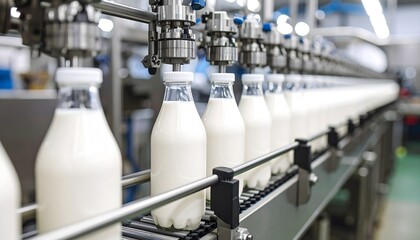 An automated milk bottling line shows glass bottles being filled and sealed. Industrial lighting and machinery details in close-up.