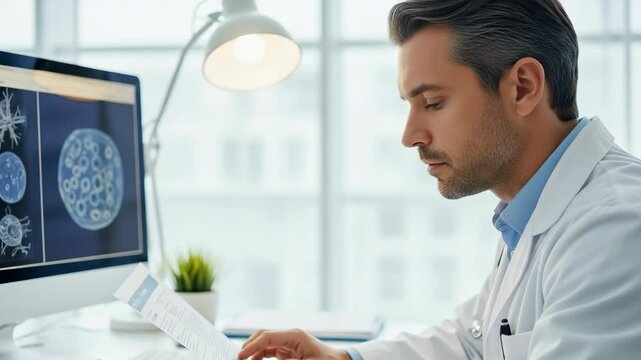 Scientist in Laboratory Analyzing Data on Computer Screen