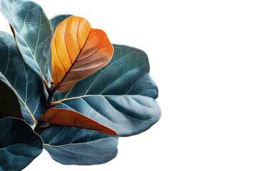 Close-up of Ficus Lyrata leaves with teal and orange hues, showcasing intricate vein patterns. background removed