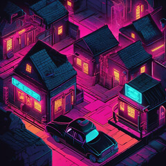 Neon-Noir Medieval Village Illustration – Flatbed Scan Style