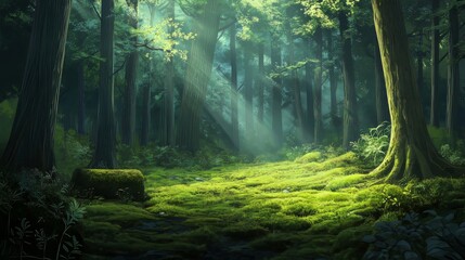 Peaceful forest scene with green moss covering the floor