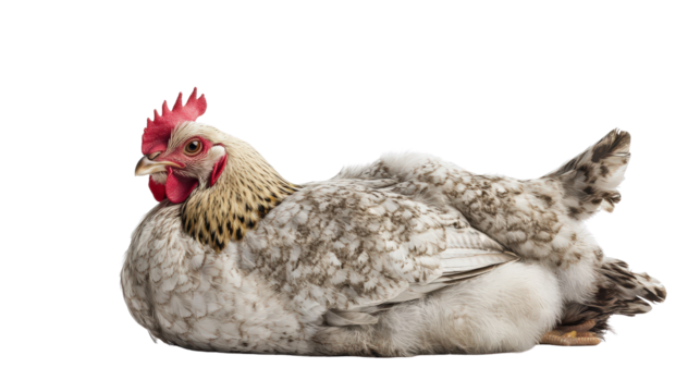 Chicken in calm resting pose, feathers blending smoothly Transparent background, PNG