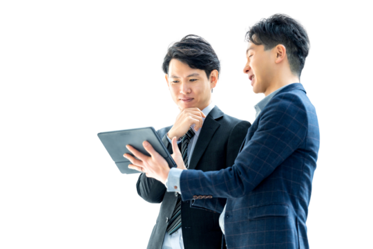 打ち合わせをする2人の男性ビジネスマン（背景透過PNG）