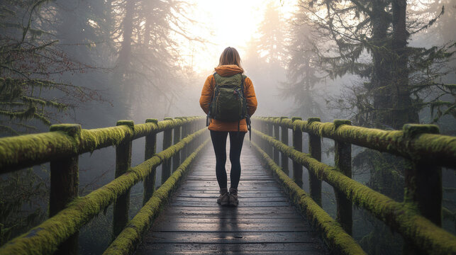 Female hiker crossing mossy bridge in morning mist