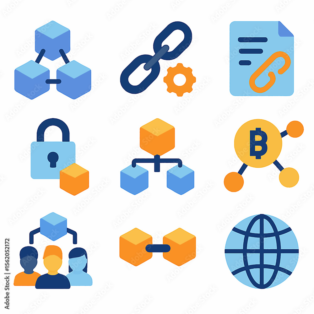 Poster blockchain technology network system with linked data and secure transactions illustration