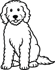Labradoodle Sitting Vector Illustration of Curly-Haired Poodle and Labrador Mix Breed Isolated on White, Cartoon Labradoodle Clipart, Cute Doodle Dog Sitting Drawing, Fluffy Pet Dog Vector
