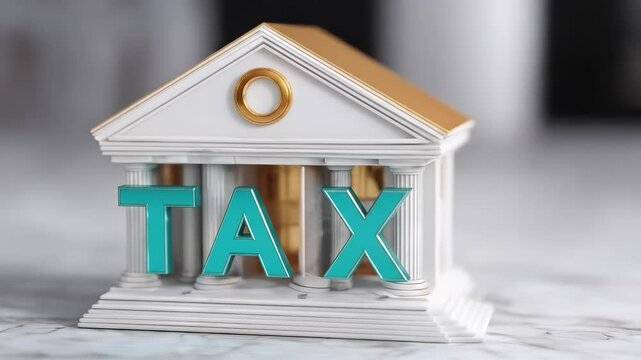 A classical government building with the word "TAX" in large blue letters at the front, symbolizing taxation authority.