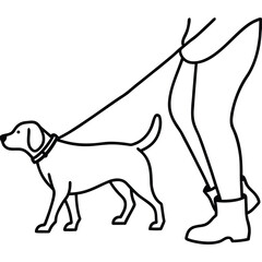 Minimalist Vector Illustration of a Person Walking a Dog on a Leash in Simple Black Line Art Style, Dog Walking Line Art, Pet on Leash Vector, Owner and Dog Sketch