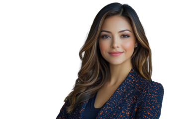 Portrait of a young woman with long brown hair, wearing a dark blue jacket with orange speckles. She is smiling gently. background removed