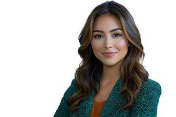 Portrait of a young woman with long brown hair wearing a teal blazer. background removed