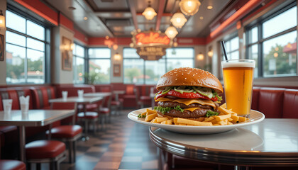 Mouthwatering double cheeseburger with crispy fries and cold beer awaits on a vintage restaurant table, perfect for a foodie adventure.
