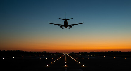 Photorealistic silhouette of an airplane landing with glowing runway lights at twilight