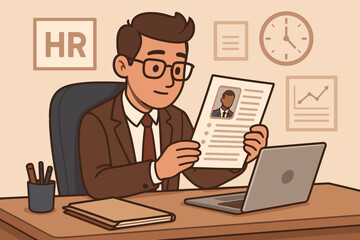 Fototapeta premium Human Resources Manager Reviewing Resume at Office Desk, Recruitment Interview Process, Candidate Evaluation, Job Application Screening, Professional HR Cartoon Vector Illustration