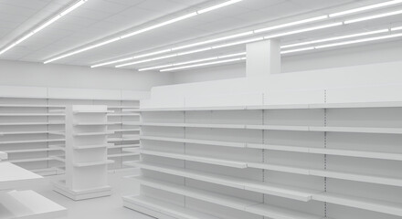 Fototapeta premium Photorealistic empty white pharmacy shelves under bright fluorescent lighting in a sterile environment