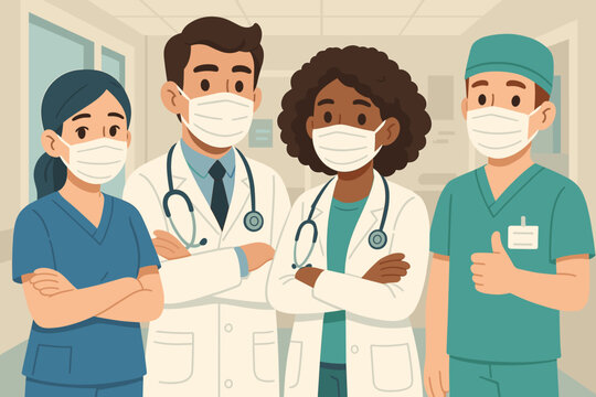 Diverse medical team of doctors and nurses in hospital corridor, wearing uniforms, stethoscopes, and face masks, healthcare professionals, teamwork, modern clinic, cartoon vector illustration