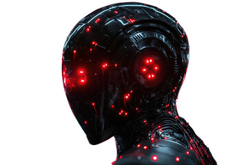 A sleek, black robotic head with glowing red lights, futuristic and detailed. background removed