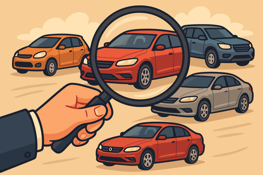 Car selection process concept. Hand holding magnifying glass inspecting cars. Used car search, auto market, vehicle comparison, dealership choice, automobile evaluation, cartoon vector illustration