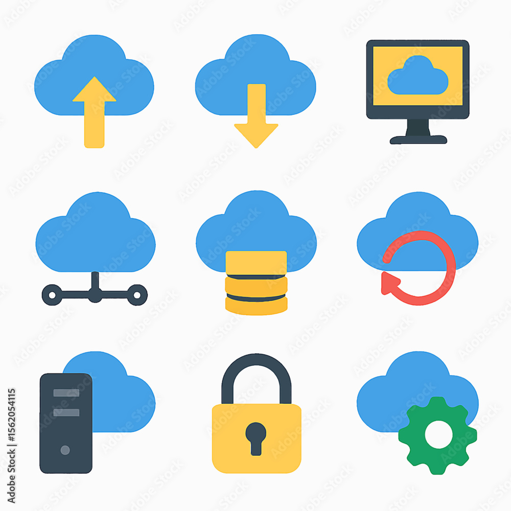 Poster cloud computing icons representing data storage, server and network connections