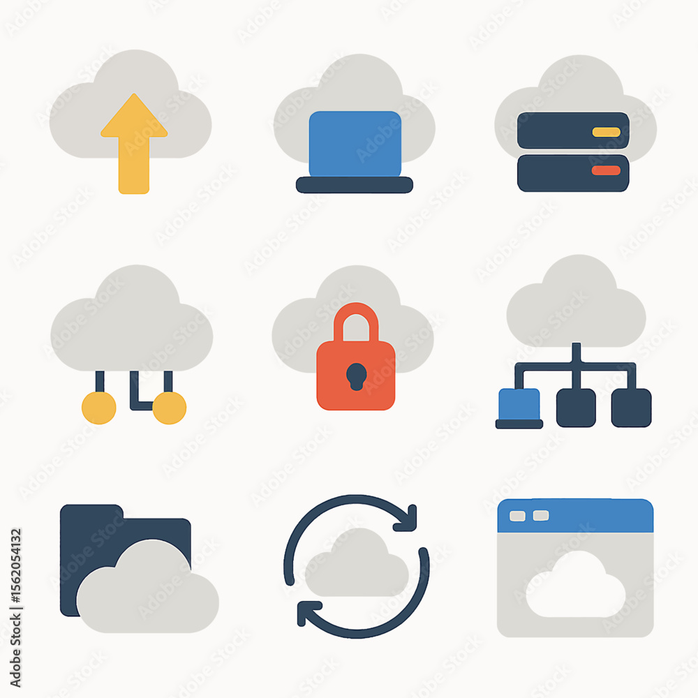 Poster cloud computing icons set depicting data transfer security and synchronization