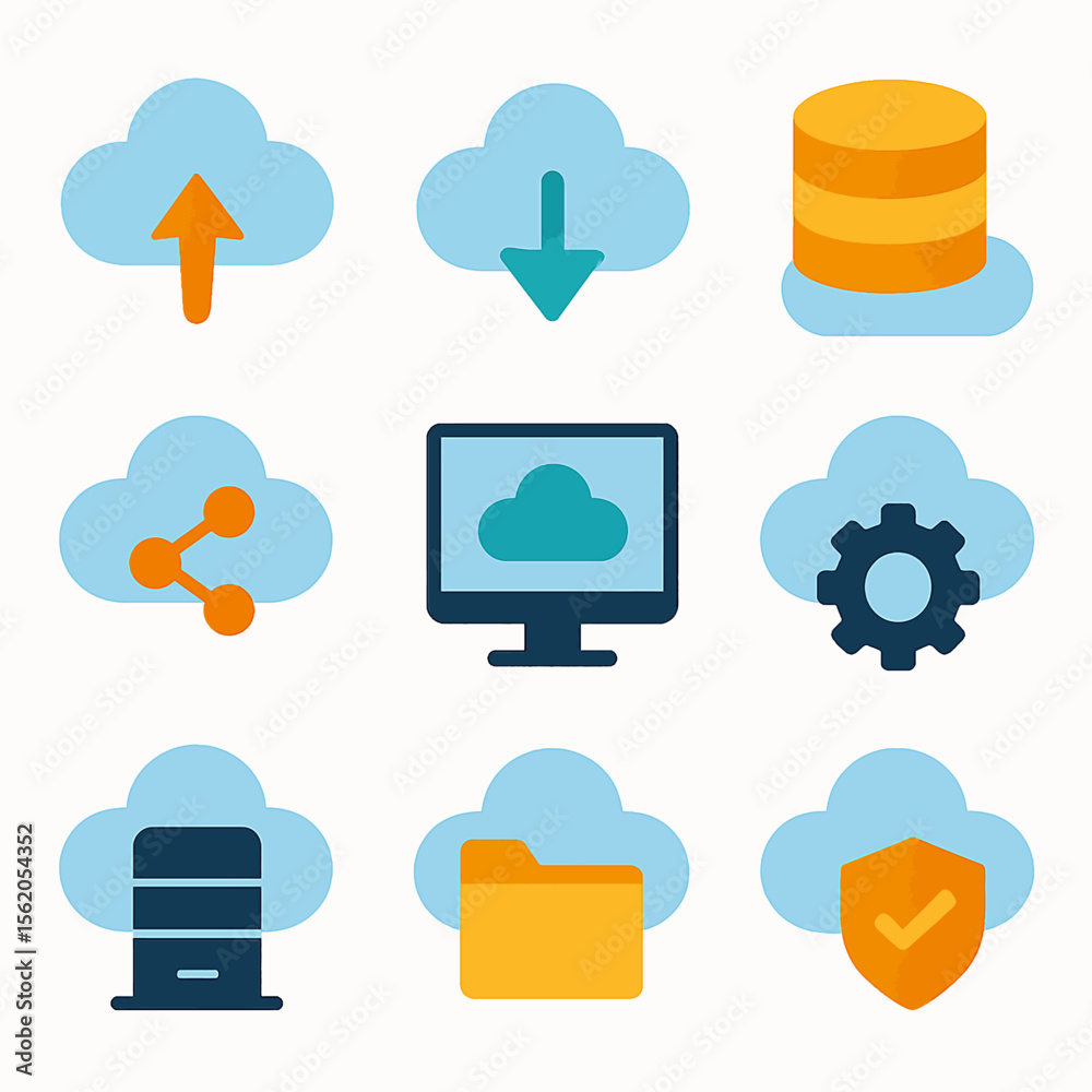 Poster cloud computing services and data management vector icons set on white background