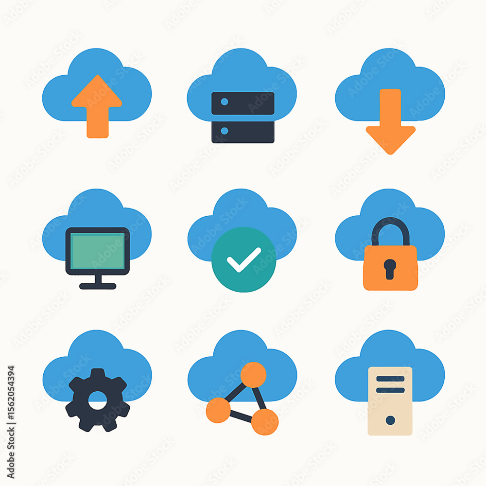 Poster cloud computing services and network technologies represented with cloud icons