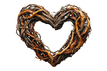 A heart-shaped wreath crafted from interwoven brown twigs and branches. background removed