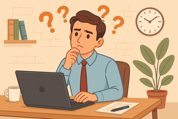 Confused Office Worker Thinking at Desk with Laptop, Question Marks, and Paperwork. Businessman Problem Solving, Decision Making, Workplace Stress. Modern Office Interior, Coffee, Plant, Clock