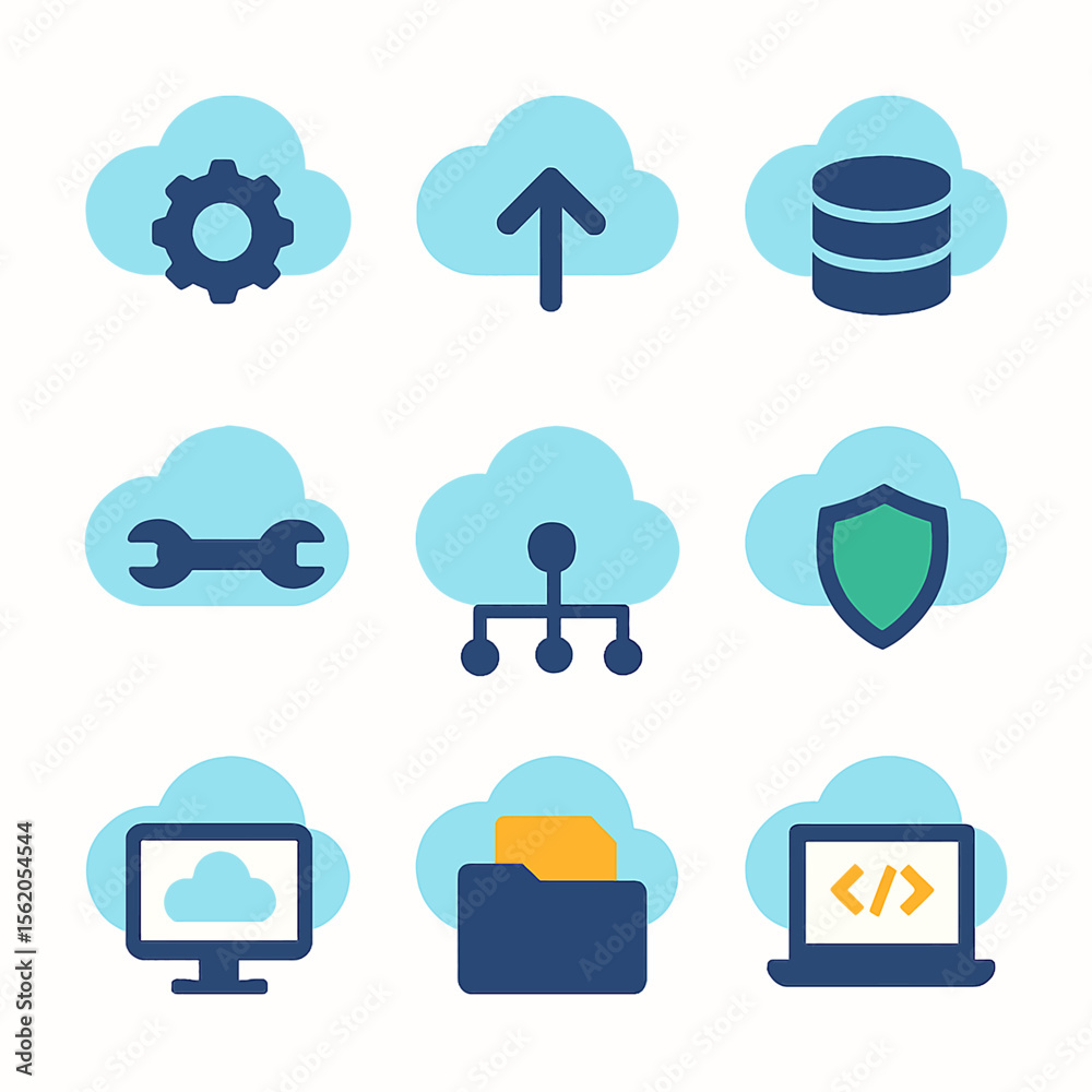 Fototapete Cloud computing services illustrated with setting gear, upload, database and more symbols
