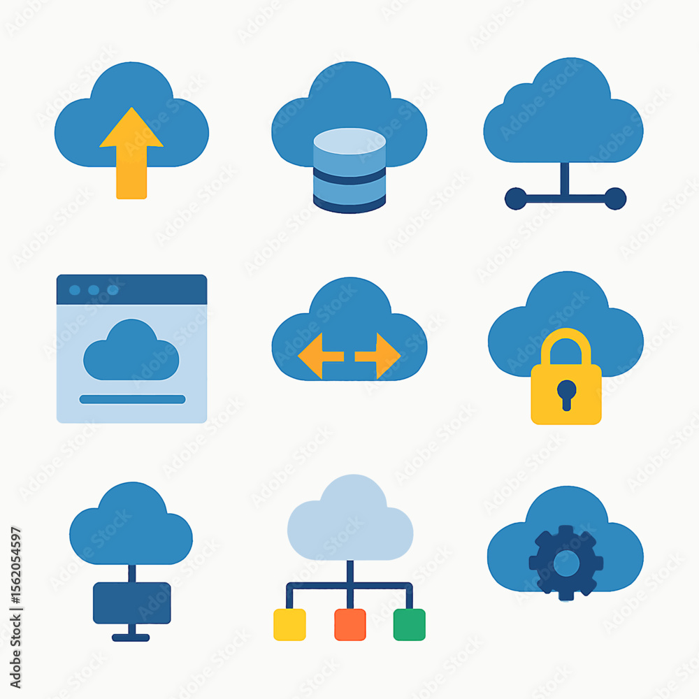 Poster cloud computing technology icons collection for data storage and network solutions