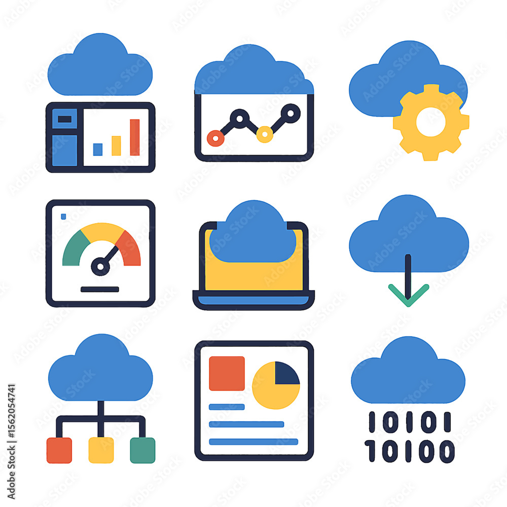 Poster cloud computing vector icons representing data analytics and storage solutions
