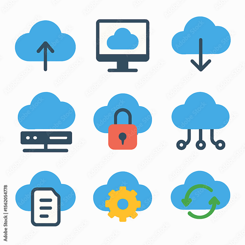 Poster Cloud computing vector icons representing data storage, security, and networking features