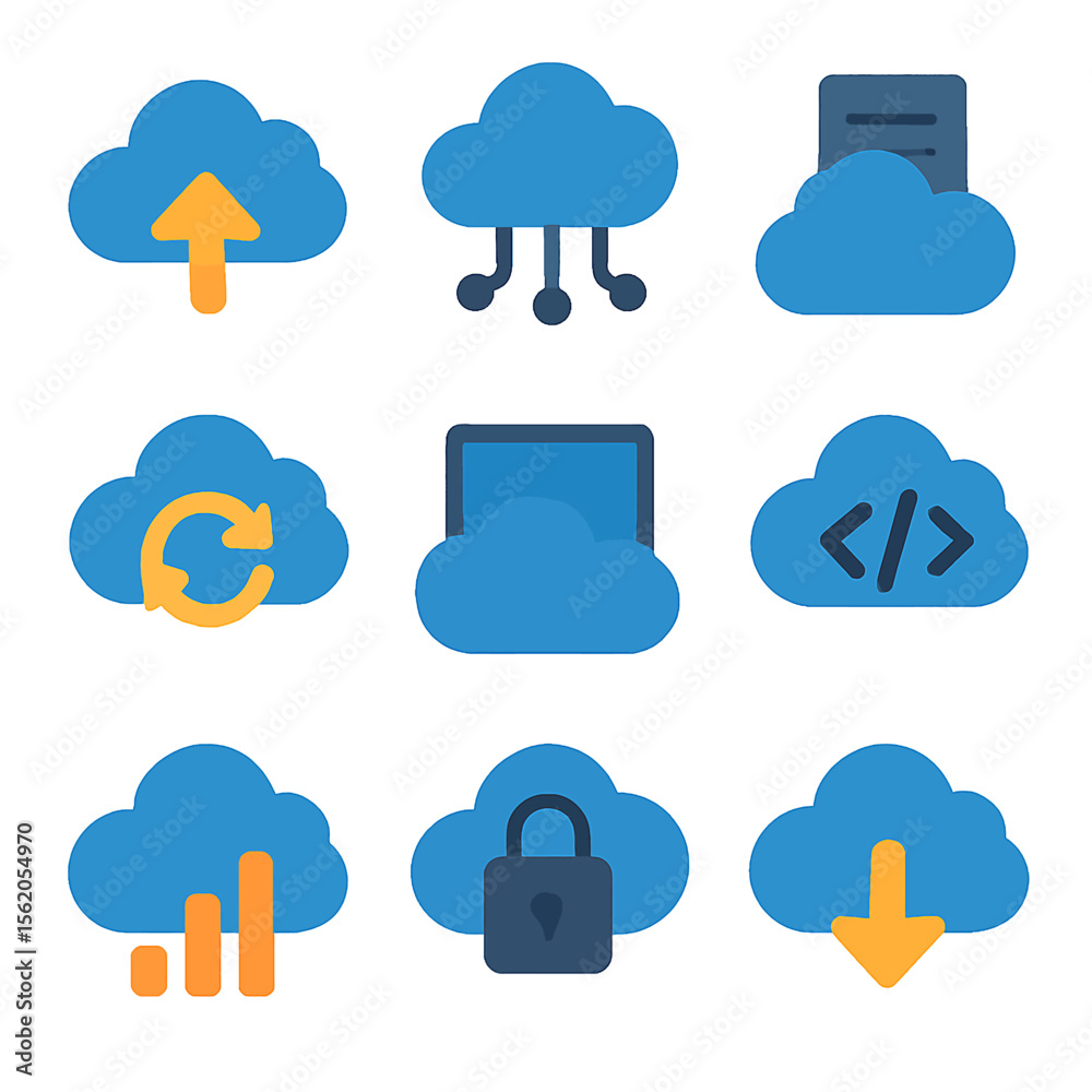 Poster collection of cloud computing icons representing data storage and network services