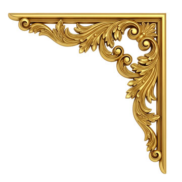Ornate golden corner frame with intricate floral designs on a transparent background. Ideal for decorative purposes and art presentations.
