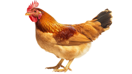 Chicken mid-walk with one leg raised, showing natural movement Transparent background, PNG