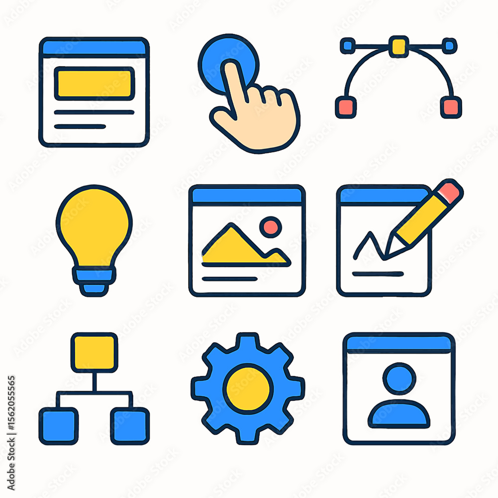 Poster collection of colorful interface design icons featuring web elements and development tools