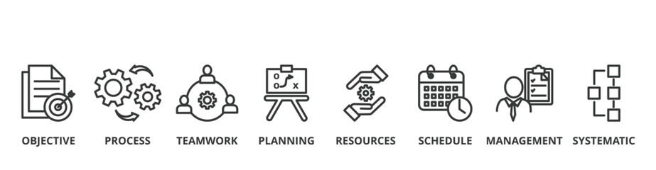 Workflow banner vector illustration concept with icon of objective, process, teamwork, planning, resources, schedule, management and systematic