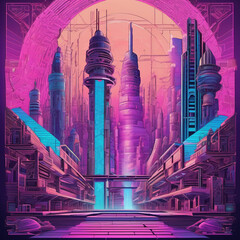 Vaporwave City in Golden Ratio Style Wood Carving Art