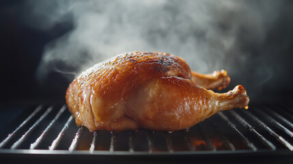 Juicy grilled chicken with crispy skin, emitting steam and rich flavors, perfect for delicious meal
