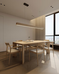 Cozy Home Kitchen Interior, Wooden Dining Table with Chairs, Warming White and Wooden Cabinet, Cooking Space, Furniture, Eating Table, Modern Apartment, 3D Rendering, Dining Zone