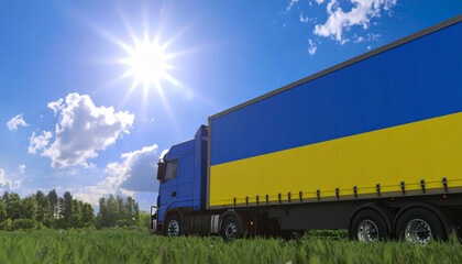 Blue and Yellow Cargo Truck Standing on Grass Field Under Bright Sunlight AI Generated