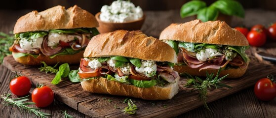 The delicious gourmet sandwiches with fresh ingredients on a rustic wooden board.