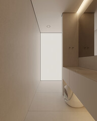 Contemporary bathroom interior featuring mirrors, big sinks, and a bathtub, with wooden accents. Pet friendly hotel room. Minimalist design concept. 3D Rendering