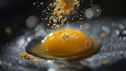 Close up of vibrant egg yolk surrounded by sprinkle of yellow powder, creating dynamic and artistic food composition