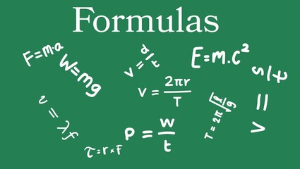 A green background with formulas written in white including physics and math equations shown